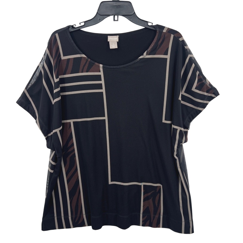 Chico's Geometric Art Deco Mesh Top Size XL Black Brown Animal Print Chic